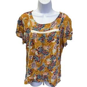 🌼 Artesia US XL Womens Mustard Floral Blouse Cottagecore Boho Casual Summer Top